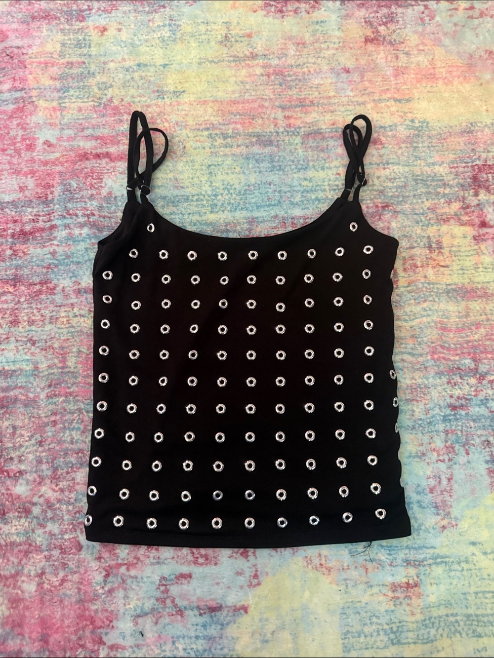 Fashion Nova Black Eyelet-Stud Spaghetti Strap Cami Tank